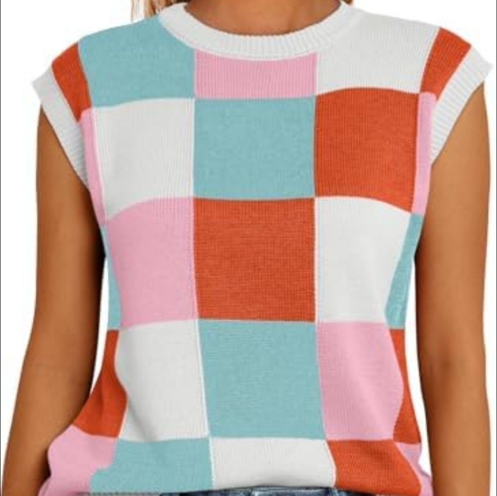 Colorful Sleeveless Checkered Knit Sweater Vest - Picture 2 of 7